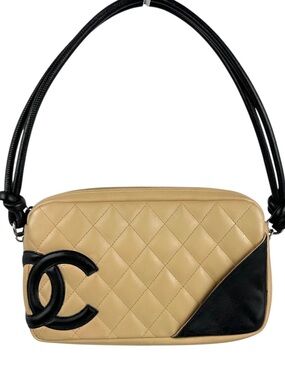 CHANEL Cambon Ligne Pochette Beige Black Quilted Lambskin CC Shoulder Bag Y2K